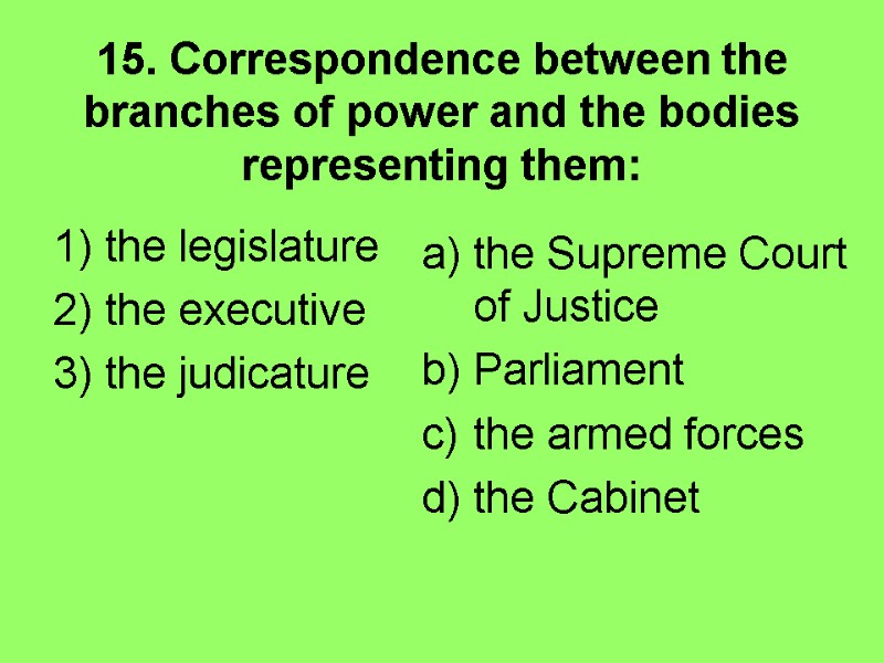 15. Correspondence between the branches of power and the bodies representing them: 1) the